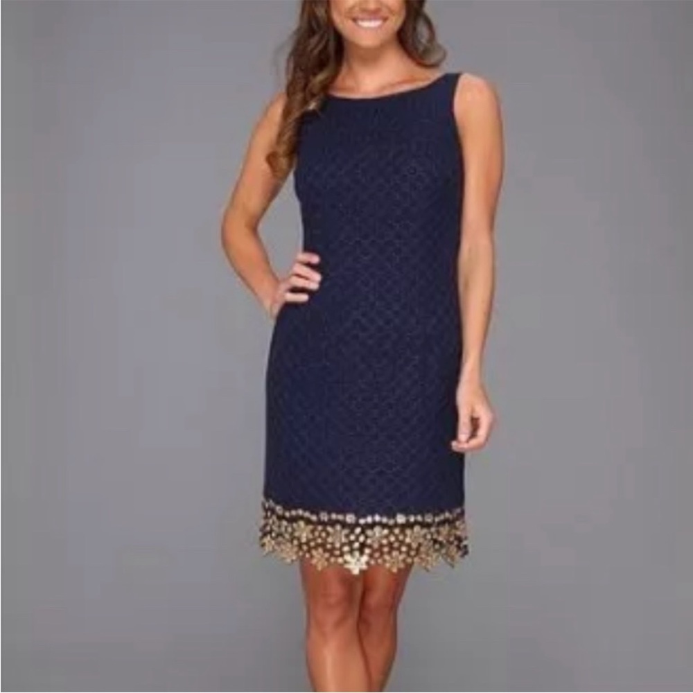 Lilly Pulitzer Dawson Sheath Dress True Navy/Gold Sequin Size 2 Cocktail Party